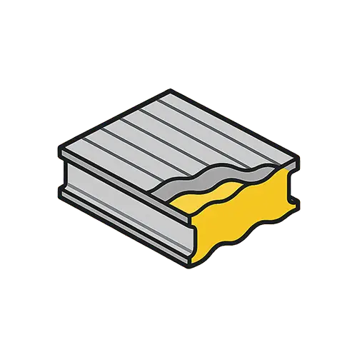تصویر گرافیکی ساندویچ پانل پلی یورتان با ورق فلزی خاکستری و هسته فوم زرد پلی یورتان به صورت مقطع، نشان‌دهنده ساختار سه لایه و عایق حرارتی