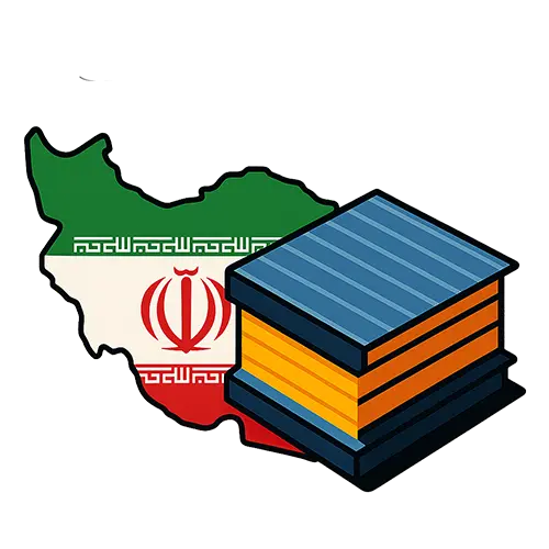 تصویر گرافیکی ساندویچ پانل کلین روم آریا بارون همراه با نقشه ایران و طراحی مدرن در رنگ‌های آبی، نارنجی و مشکی